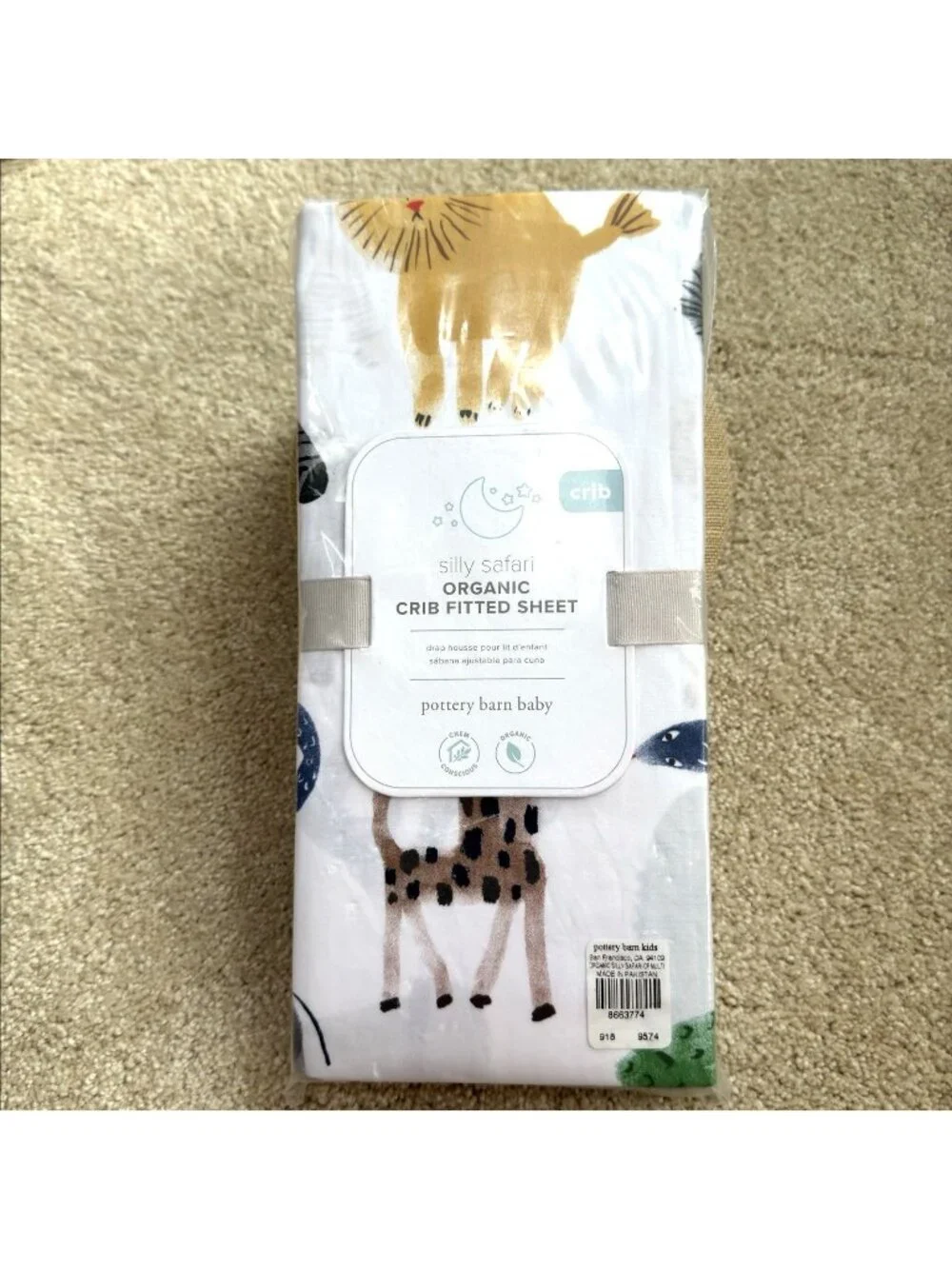 Pottery Barn Baby Silly Safari Organic Crib Fitted Sheet  Animals Lion Giraffe
